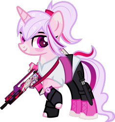 Size: 1600x1699 | Tagged: safe, alternate version, artist:n0kkun, imported from derpibooru, oc, oc only, oc:sweeten dreams, pony, unicorn, assault rifle, belt, boots, clothes, female, fingerless gloves, freckles, g36, gloves, gun, heckler and koch, knife, leggings, mare, markings, multicolored hair, raised hoof, rifle, shirt, shoes, simple background, solo, transparent background, watch, weapon, wristwatch