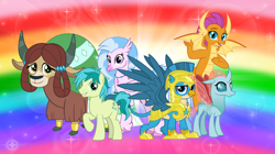 Size: 1280x719 | Tagged: safe, artist:andoanimalia, imported from derpibooru, gallus, ocellus, sandbar, silverstream, smolder, yona, changedling, changeling, classical hippogriff, dragon, earth pony, griffon, hippogriff, pony, yak, the last problem, armor, cloven hooves, colored hooves, dragoness, female, flying, helmet, jewelry, male, monkey swings, necklace, older, older gallus, older ocellus, older sandbar, older silverstream, older smolder, older student six, older yona, rainbow, rainbow background, royal guard gallus, stallion, story included, student six