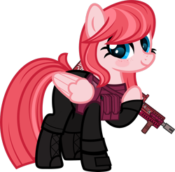 Size: 1600x1575 | Tagged: safe, artist:n0kkun, imported from derpibooru, oc, oc only, oc:sakura scorch, pegasus, pony, armor, ash-12.7, assault rifle, body armor, boots, clothes, female, freckles, gloves, gun, mare, pants, pouch, raised hoof, rifle, shoes, simple background, solo, transparent background, weapon