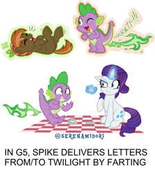 Size: 1280x1428 | Tagged: safe, artist:serenamidori, edit, imported from derpibooru, button mash, rarity, spike, dragon, earth pony, pony, unicorn, colt, embarrassed, eyes closed, fart, fart joke, fart noise, female, fire, fire fart, g5, g5 speculation, green fire, hilarious in hindsight, laughing, levitation, magic, male, mare, on back, one eye closed, onomatopoeia, picnic, picnic blanket, simple background, sitting, sound effects, sweat, telekinesis, text, toilet humor, white background