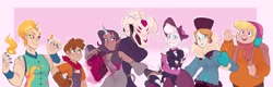 Size: 4096x1312 | Tagged: safe, artist:waackery, imported from derpibooru, arizona cow, fhtng th§ ¿nsp§kbl, oleander, paprika paca, pom lamb, tianhuo, velvet reindeer, alpaca, human, them's fightin' herds, arizona (tfh), bandana, bonnet, clothes, coat, community related, curved horn, dark skin, ear piercing, earring, elf ears, female, fightin' six, freckles, hat, heart, heart eyes, horn, horned humanization, humanized, jewelry, neckerchief, oleander (tfh), overalls, paprika (tfh), piercing, pom (tfh), shirt, sweater, tianhuo (tfh), velvet (tfh), wingding eyes, wings