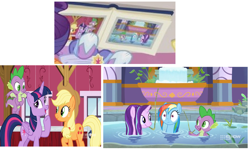 Size: 1734x1034 | Tagged: safe, imported from derpibooru, screencap, applejack, rainbow dash, spike, twilight sparkle, alicorn, dragon, earth pony, pegasus, pony, unicorn, derpibooru, deep tissue memories, harvesting memories, memories and more, the last problem, spoiler:deep tissue memories, spoiler:harvesting memories, spoiler:memories and more, spoiler:mlp friendship is forever, female, juxtaposition, male, meta, mirrored, twilight sparkle (alicorn)