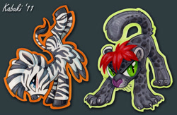 Size: 1000x652 | Tagged: safe, artist:kabukihomewood, imported from derpibooru, oc, oc only, oc:reddfurr, big cat, jaguar (animal), pony, zebra, zebrasus, badge, blushing, con badge, duo, duo male, gray background, handstand, looking at you, male, open mouth, ponified, simple background, smiling, traditional art, upside down