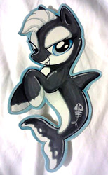 Size: 293x477 | Tagged: safe, artist:kabukihomewood, imported from derpibooru, oc, oc only, merpony, orca, orca pony, original species, badge, con badge, female, grin, irl, photo, smiling, solo, traditional art