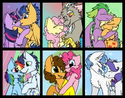 Size: 1400x1100 | Tagged: safe, artist:pegacousinceles, imported from derpibooru, applejack, cheese sandwich, discord, fancypants, flash sentry, fluttershy, pinkie pie, rainbow dash, rarity, soarin', spike, twilight sparkle, alicorn, applespike, cheesepie, discoshy, female, flashlight, male, mane seven, mane six, raripants, shipping, soarindash, straight, twilight sparkle (alicorn)