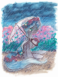 Size: 800x1072 | Tagged: safe, artist:rainspeak, imported from derpibooru, oc, oc only, oc:raina, pony, female, floral head wreath, flower, flower in hair, hydrangea, mare, pondpony, rain, solo, storm, umbrella