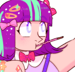 Size: 556x534 | Tagged: safe, artist:stevetwisp, imported from derpibooru, starlight glimmer, human, alternate hairstyle, bowtie, female, food, humanized, pocky, solo