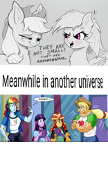 Size: 800x1280 | Tagged: safe, artist:atariboy2600, artist:bluecarnationstudios, artist:xbi edits, edit, imported from derpibooru, applejack, rainbow dash, sunset shimmer, twilight sparkle, comic:the amazonian effect, comic:the amazonian effect iii, equestria girls, applejack's hat, applejacked, comparison, cowboy hat, hat, muscles, small ears, smugjack