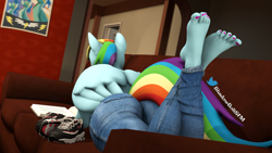 Size: 2880x1620 | Tagged: safe, artist:shadowboltsfm, imported from derpibooru, rainbow dash, anthro, pegasus, plantigrade anthro, 3d, barefoot, book, clothes, couch, feet, feet up, female, foot focus, high res, jeans, lying down, nail polish, pants, poster, reading, shoes, shoes off, source filmmaker, toenail polish, wings