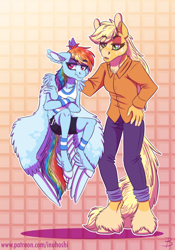 Size: 1448x2074 | Tagged: safe, artist:inuhoshi-to-darkpen, imported from derpibooru, applejack, rainbow dash, anthro, earth pony, pegasus, unguligrade anthro, chest fluff, clothes, duo, ear fluff, feathered fetlocks, freckles, holding, hoof fluff, pants, scruff, shorts, size difference, smoldash, unamused, unshorn fetlocks