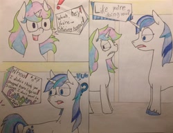 Size: 2048x1582 | Tagged: safe, artist:hrafnkyn, imported from derpibooru, shining armor, oc, oc:cake, pony, unicorn, annoyed, comic, excited, meme, photo, rude humor, surprised, traditional art