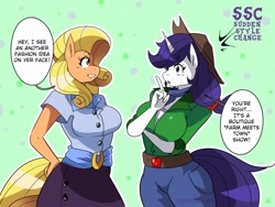 Size: 2409x1814 | Tagged: safe, artist:traupa, imported from derpibooru, applejack, rarity, anthro, earth pony, unicorn, alternate hairstyle, big breasts, breasts, busty applejack, busty rarity, clothes swap, cowboy hat, duo, female, grin, hat, lesbian, mane swap, rarijack, rarity hair, shipping, smiling, style swap, sudden style change