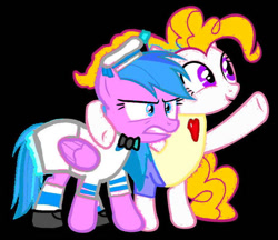 Size: 738x638 | Tagged: safe, artist:pagiepoppie12345, imported from derpibooru, firefly, surprise, pegasus, pony, angry, casual, clothes, duo, female, g1, g1 to g4, g4, generation leap, mare, outfit, ponytail, rage, sailor lolita, smiling, socks, striped socks