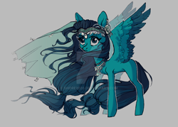 Size: 1920x1372 | Tagged: safe, artist:shore2020, imported from derpibooru, oc, oc only, oc:aqua borealis, pegasus, pony, deviantart watermark, jewelry, obtrusive watermark, solo, two toned wings, watermark, windswept mane, wings