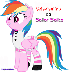 Size: 608x638 | Tagged: safe, imported from derpibooru, oc, oc:salsalselina, pegasus, clothes, female, mare, not rainbow dash, outfit, ponies wearing clothing, recolor, sailor lolita, shoes, smiling, socks, striped socks, text