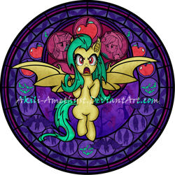 Size: 894x894 | Tagged: safe, artist:akili-amethyst, edit, imported from derpibooru, applejack, fluttershy, twilight sparkle, oc, oc:emileeshy, alicorn, bat pony, earth pony, pegasus, pony, bats!, angry, bat ponified, bat pony oc, bat wings, disney, dive to the heart, flutterbat, kingdom hearts, race swap, rage, recolor, red eyes, stained glass, twilight sparkle (alicorn), watermark, wings