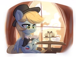 Size: 1600x1200 | Tagged: safe, artist:colorfulcolor233, artist:oofycolorful, imported from derpibooru, oc, oc only, pegasus, pony, chibi, chocolate, clothes, curtains, food, glasses, happy, hat, muffin, not derpy, solo, table, tea, teapot, top hat, window