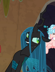 Size: 655x853 | Tagged: source needed, safe, imported from derpibooru, screencap, cozy glow, queen chrysalis, changeling, changeling queen, frenemies (episode), angry, cropped, female, offscreen character, solo