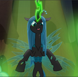 Size: 953x943 | Tagged: source needed, safe, imported from derpibooru, screencap, queen chrysalis, changeling, changeling queen, frenemies (episode), cropped, evil grin, female, glowing horn, grin, horn, smiling, solo