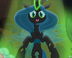 Size: 1158x940 | Tagged: safe, imported from derpibooru, screencap, cozy glow, lord tirek, queen chrysalis, frenemies (episode), cropped, evil grin, female, glowing horn, grin, horn, open mouth, smiling, solo