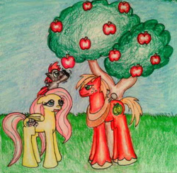 Size: 481x470 | Tagged: safe, artist:fun2berandom, imported from derpibooru, big macintosh, fluttershy, oc, oc:night sickle, earth pony, pegasus, pony, adopted offspring, apple, apple tree, colt, family, female, fluttermac, male, mare, offspring, parent:big macintosh, parent:fluttershy, parents:fluttermac, reaching, reaching out, request, shipping, stallion, straight, traditional art, tree