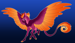 Size: 3811x2216 | Tagged: safe, artist:turnipberry, imported from derpibooru, oc, oc only, oc:firebird, pegasus, pony, blue background, chest feathers, cloven hooves, colored hooves, commission, large wings, leonine tail, magical lesbian spawn, male, offspring, parent:fluttershy, parent:sunset shimmer, parents:sunshyne, realistic horse legs, simple background, solo, spread wings, stallion, wings