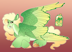 Size: 2824x2035 | Tagged: safe, artist:turnipberry, imported from derpibooru, oc, oc only, oc:dandelion jelly, pegasus, pony, brown background, chest feathers, colored hooves, commission, crossed hooves, cutie mark, magical lesbian spawn, offspring, pale belly, parent:applejack, parent:fluttershy, parents:appleshy, prone, realistic horse legs, simple background, solo, unshorn fetlocks