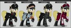 Size: 1280x512 | Tagged: safe, artist:brony-works, imported from derpibooru, oc, oc only, earth pony, pony, boots, clothes, earth pony oc, eyelashes, female, hat, helmet, mare, nazi germany, need an haircut, raised hoof, reference sheet, shoes, smiling, solo, uniform, wolfenstein