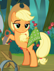 Size: 608x794 | Tagged: safe, imported from derpibooru, screencap, applejack, pony, the mean 6, bandana, bipedal, bipedal leaning, cropped, female, leaning, lidded eyes, solo