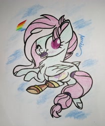 Size: 2500x2995 | Tagged: safe, artist:c.a.m.e.l.l.i.a, imported from derpibooru, kerfuffle, pegasus, pony, rainbow roadtrip, adorable face, amputee, blushing, chest fluff, cute, female, fufflebetes, looking at you, looking back, mare, prosthetic leg, prosthetic limb, prosthetics, rainbow, solo, traditional art