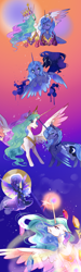 Size: 1200x4000 | Tagged: safe, artist:bunnari, imported from derpibooru, nightmare moon, princess celestia, princess luna, alicorn, pony, comic, crown, crying, duo, element of generosity, element of honesty, element of kindness, element of laughter, element of loyalty, element of magic, elements of harmony, female, flying, jewelry, mare, moon, regalia, royal sisters, s1 luna, story included