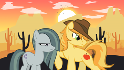 Size: 2063x1161 | Tagged: safe, artist:divebomb5, artist:sonofaskywalker, derpibooru exclusive, edit, imported from derpibooru, vector edit, braeburn, marble pie, badass, badass adorable, badass pose, battle couple, braeble, braeburn is not amused, cactus, couple, cute, desert, female, glare, lyrics in the description, male, marble pie is not amused, mountain, shipping, song reference, straight, sunset, vector, western, wild west, youtube link