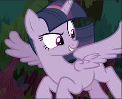 Size: 1163x943 | Tagged: safe, imported from derpibooru, screencap, mean twilight sparkle, pony, the mean 6, cropped, evil grin, female, flying, grin, looking back, smiling, solo, spread wings, wings