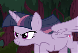 Size: 1233x845 | Tagged: safe, imported from derpibooru, screencap, mean twilight sparkle, pony, the mean 6, cropped, evil grin, female, flying, grin, nose wrinkle, smiling, smirk, solo, spread wings, wings