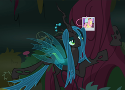 Size: 1295x938 | Tagged: safe, imported from derpibooru, screencap, fluttershy, queen chrysalis, pony, the mean 6, cropped, cute, cutealis, female, lidded eyes, picture, solo, tree