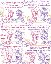 Size: 4779x6013 | Tagged: safe, artist:adorkabletwilightandfriends, imported from derpibooru, roseluck, starlight glimmer, earth pony, pony, unicorn, comic:adorkable twilight and friends, adorkable, adorkable friends, advice, awkward, butt nugget, comic, couch, cute, dating advice, dork, fake, finding love, food, friendship, happy, humor, love, pity, relationships, roseluck the shipper, sipping, sitting, tea, upset