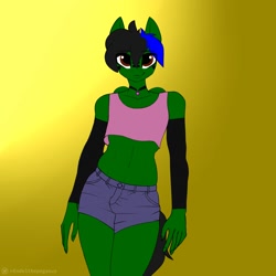 Size: 2000x2000 | Tagged: safe, artist:endelthepegasus, imported from derpibooru, oc, oc only, oc:endel frostlion, anthro, 2020, 2020s, anthro oc, belly button, choker, clothes, denim shorts, femboy, green fur, hazel eyes, looking at you, male, multicolored mane, shirt, short shirt, shorts, simple background, solo, tanktop, tomboy, yellow background