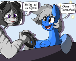 Size: 2577x2048 | Tagged: safe, artist:slimewiz, imported from derpibooru, oc, oc:betting snow, oc:zaffre indigo, pegasus, pony, :d, collar, dialogue, furry, furry oc, happy, horns, male, open mouth, pegasus oc, smiling, stallion, wings