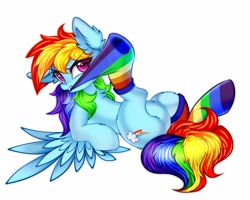 Size: 4096x3277 | Tagged: safe, artist:mite-lime, imported from derpibooru, rainbow dash, pegasus, pony, chest fluff, clothes, cute, dashabetes, female, high res, leg fluff, lying, mare, mouth hold, rainbow socks, simple background, socks, solo, striped socks, white background