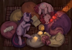 Size: 2415x1668 | Tagged: safe, artist:kaerukwa, imported from derpibooru, fluttershy, pinkie pie, twilight sparkle, earth pony, pegasus, pony, rabbit, unicorn, animal, book, food, pillow, sleeping, unicorn twilight