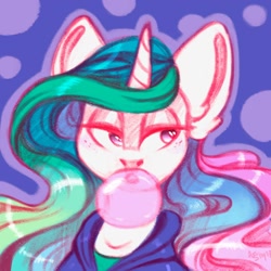 Size: 1024x1024 | Tagged: safe, artist:amishy, imported from derpibooru, princess celestia, alicorn, pony, bubblegum, bust, clothes, female, food, gum, hoodie, lidded eyes, mare, portrait, solo