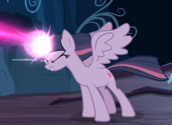 Size: 1173x854 | Tagged: safe, imported from derpibooru, screencap, mean twilight sparkle, pony, the mean 6, blast, cropped, eyes closed, female, glowing horn, horn, magic, magic beam, magic blast, smiling, solo, spread wings, wings