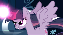 Size: 1666x936 | Tagged: safe, imported from derpibooru, screencap, mean twilight sparkle, pony, the mean 6, blast, cropped, evil grin, female, glowing horn, grin, horn, magic, magic blast, smiling, solo, spread wings, wings