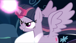 Size: 1667x939 | Tagged: safe, imported from derpibooru, screencap, mean twilight sparkle, pony, the mean 6, blast, cropped, evil grin, female, glowing horn, grin, horn, magic, magic blast, smiling, solo, spread wings, wings