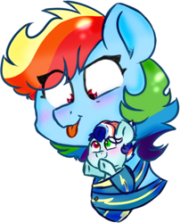 Size: 496x613 | Tagged: safe, artist:honneymoonmlp, imported from derpibooru, rainbow dash, oc, oc:sonic rainbow, pegasus, pony, baby, female, momma dash, moonverse, mother and child, mother and daughter, next generation, offspring, parent:rainbow dash, parent:soarin', parents:soarindash, simple background, white background