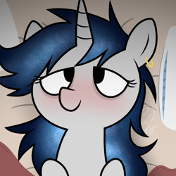 Size: 1700x1700 | Tagged: safe, artist:modocrisma, imported from derpibooru, oc, oc only, oc:lumia moonbeam, pony, unicorn, bags under eyes, bed, bedroom eyes, bedsheets, blushing, ear piercing, earring, ethereal mane, female, galaxy mane, hooves to the chest, jewelry, looking at you, lying down, mare, offscreen character, old art, on back, on bed, piercing, pillow, pov, smiling, solo, stars, tired, watermark