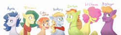 Size: 3320x970 | Tagged: safe, artist:laescbr, imported from derpibooru, li'l cheese, little mac, oc, oc:agate, oc:applejoy, oc:cider splash, oc:florence, oc:zap apple, earth pony, pegasus, pony, unicorn, the last problem, big sugar, clothes, earth pony oc, female, freckles, half-siblings, half-sisters, horn, magical lesbian spawn, male, next generation, offspring, parent:applejack, parent:fancypants, parent:fluttershy, parent:rainbow dash, parent:rarity, parents:appledash, parents:flarity, parents:raripants, pegasus oc, scarf, simple background, unicorn oc, white background, wings