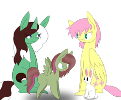 Size: 1200x1000 | Tagged: safe, artist:kaggy009, imported from derpibooru, angel bunny, fluttershy, oc, oc:peppermint pattie (unicorn), pegasus, pony, ask peppermint pattie, female, filly