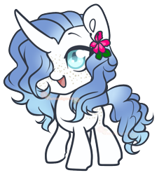 Size: 825x909 | Tagged: safe, artist:skulifuck, imported from derpibooru, oc, oc only, pony, unicorn, flower, flower in hair, freckles, hair over one eye, horn, open mouth, raised hoof, simple background, smiling, solo, transparent background, unicorn oc