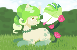 Size: 1536x1000 | Tagged: safe, artist:unluckyxse7en, imported from derpibooru, oc, oc only, monster pony, original species, piranha plant pony, plant pony, augmented tail, coat markings, flower, grass, jewelry, looking back, necklace, outdoors, pearl necklace, plant, prone, rose, smiling, socks (coat marking), socks (coat markings), tongue out